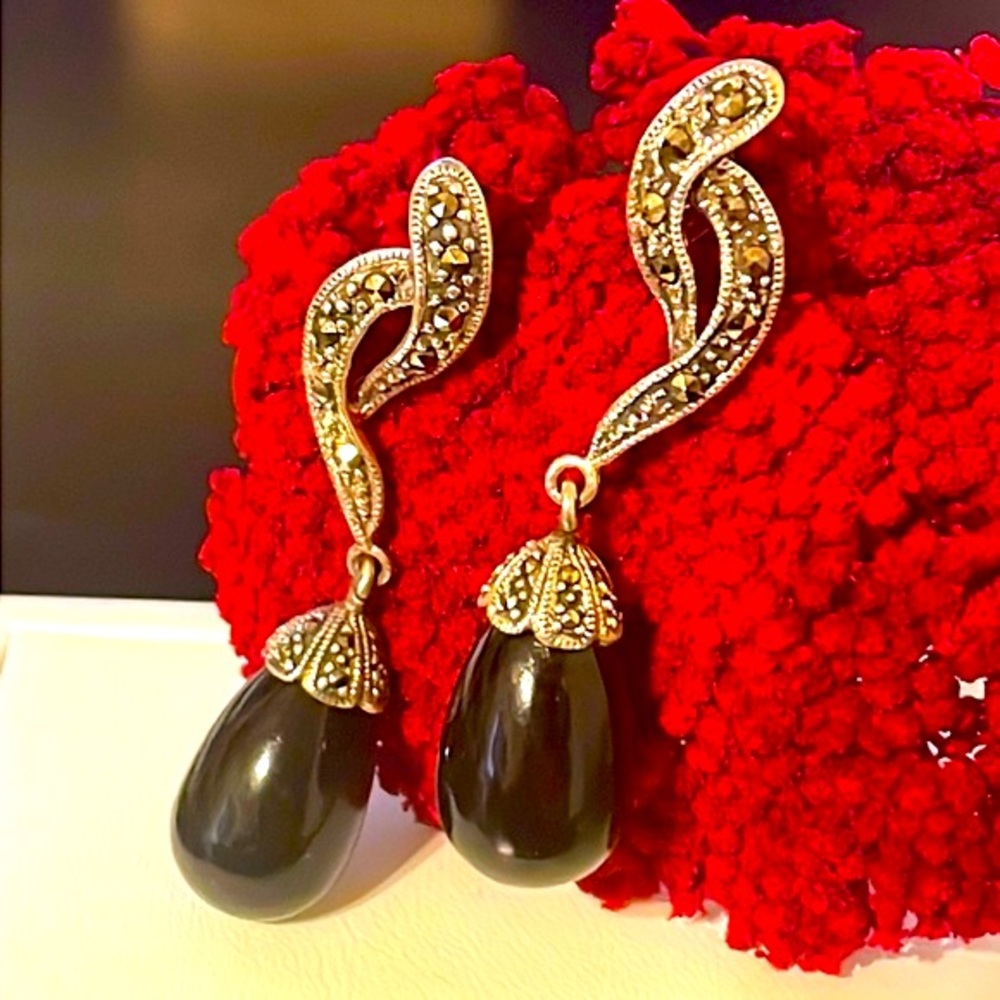 Vintage Marcasite and Black Onyx Sterling Silver Long Drop Earrings